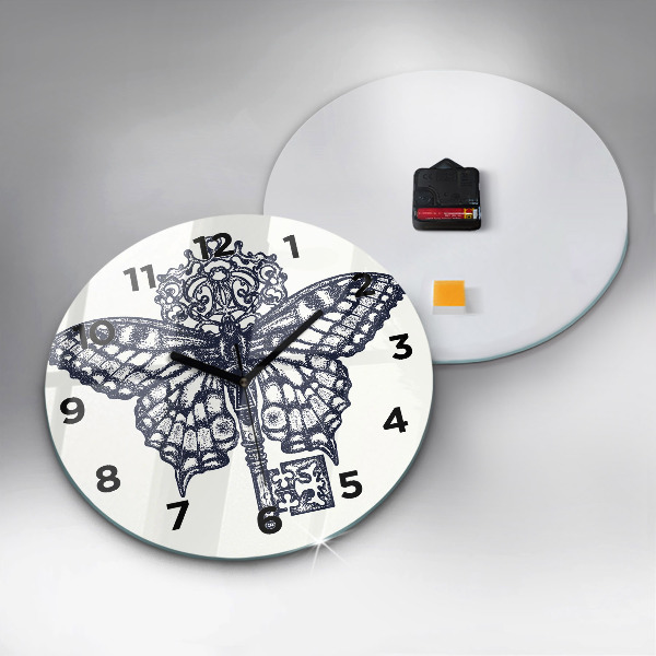Round glass clock Butterfly and key - boho style