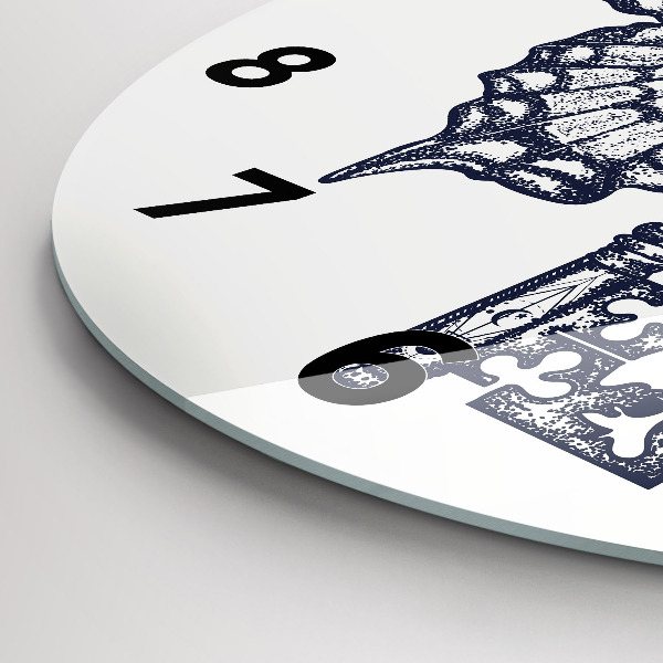 Round glass clock Butterfly and key - boho style