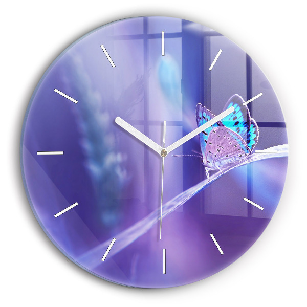 Round glass clock Butterfly on the grass