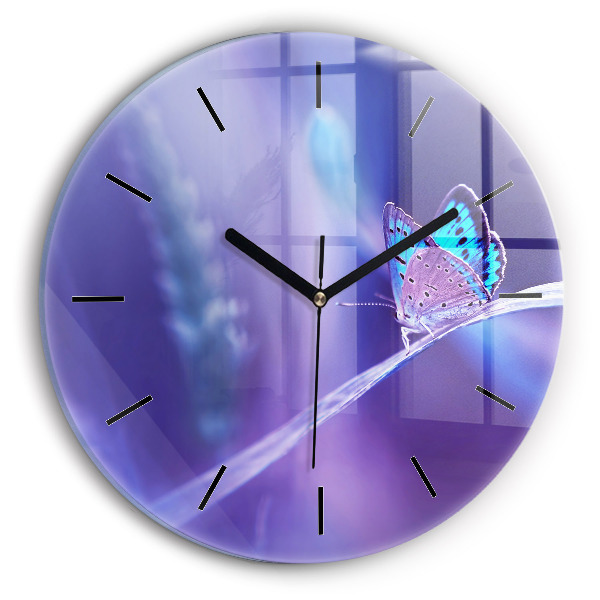 Round glass clock Butterfly on the grass