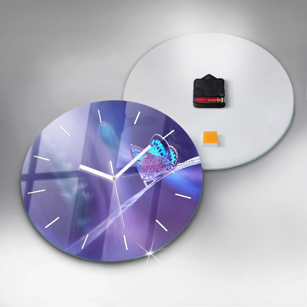 Round glass clock Butterfly on the grass