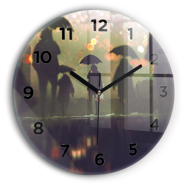 Round glass clock People with umbrellas