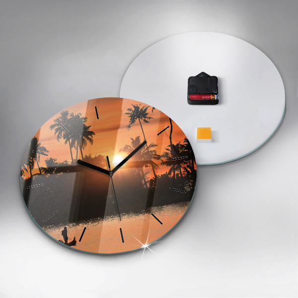 Round glass clock Sunset and palm trees