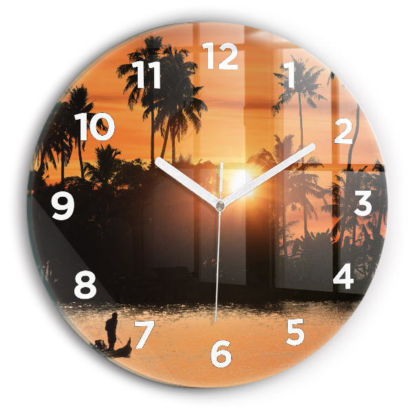 Round glass clock Sunset and palm trees