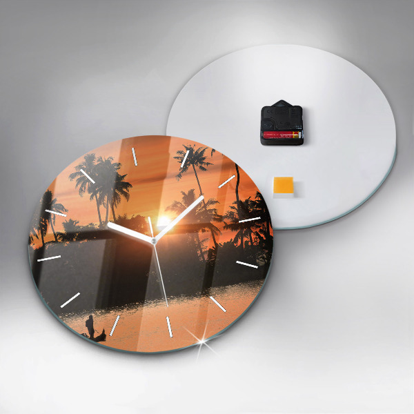 Round glass clock Sunset and palm trees