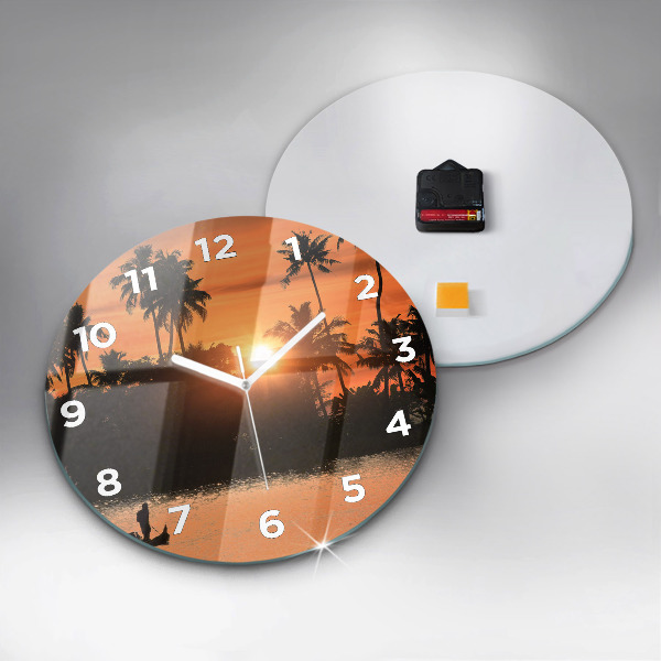 Round glass clock Sunset and palm trees