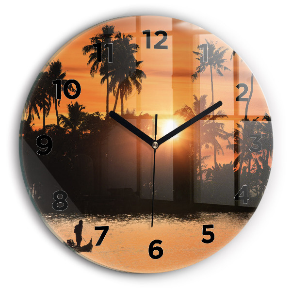 Round glass clock Sunset and palm trees