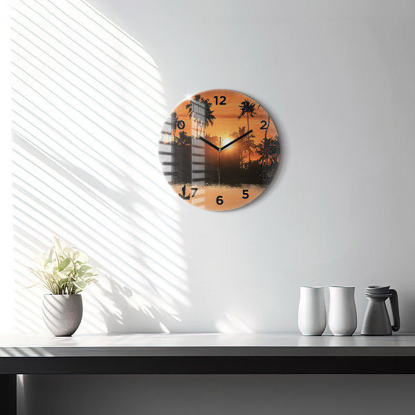 Round glass clock Sunset and palm trees