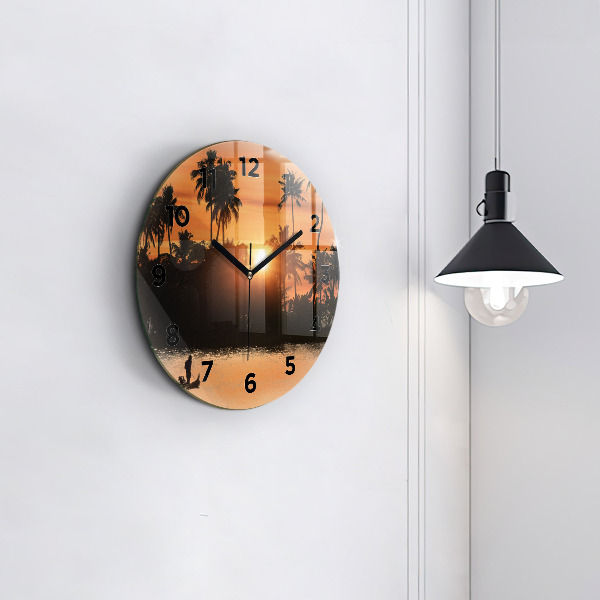 Round glass clock Sunset and palm trees