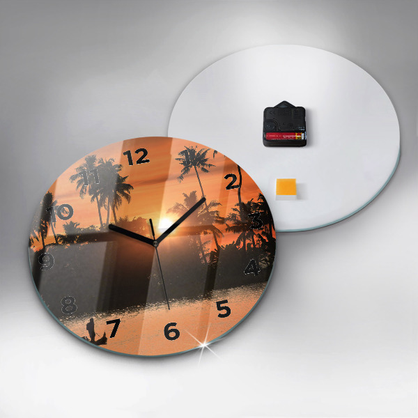 Round glass clock Sunset and palm trees