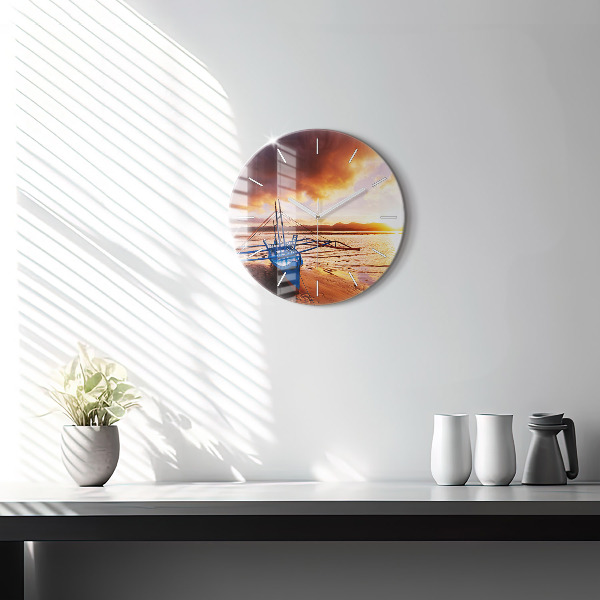 Round glass clock Boat and sunset