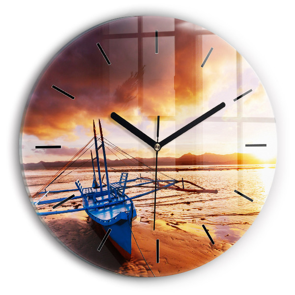 Round glass clock Boat and sunset