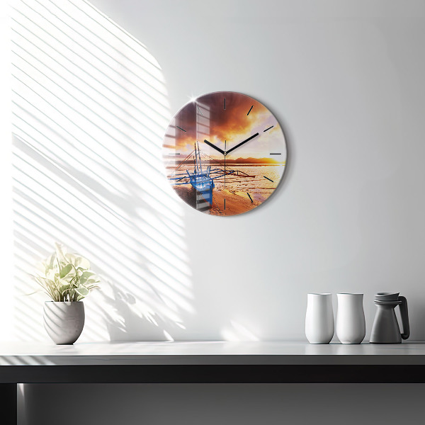 Round glass clock Boat and sunset