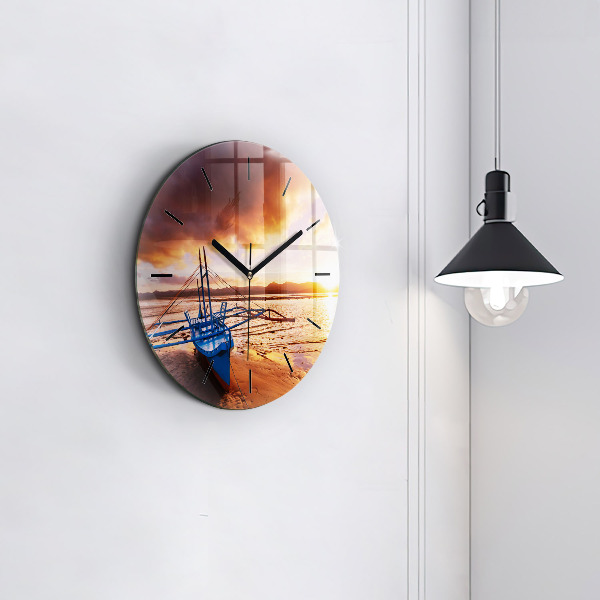 Round glass clock Boat and sunset