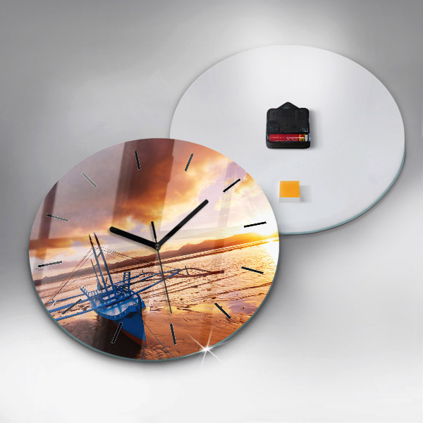 Round glass clock Boat and sunset