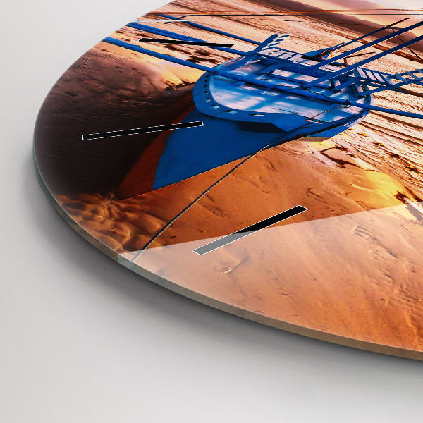 Round glass clock Boat and sunset