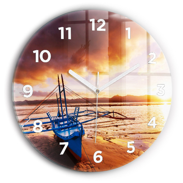 Round glass clock Boat and sunset