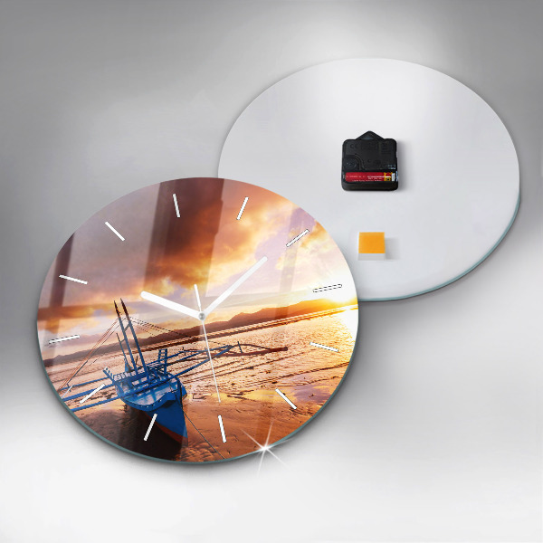 Round glass clock Boat and sunset
