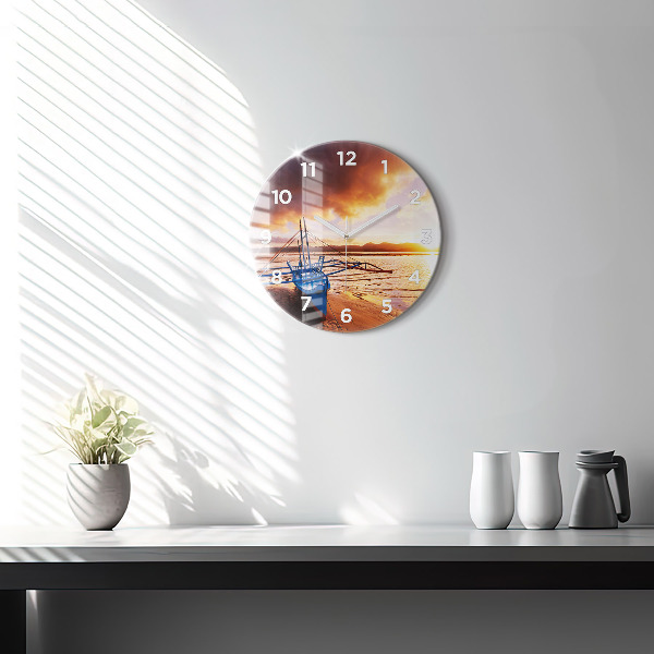 Round glass clock Boat and sunset