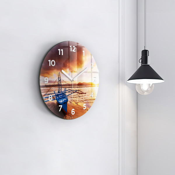 Round glass clock Boat and sunset