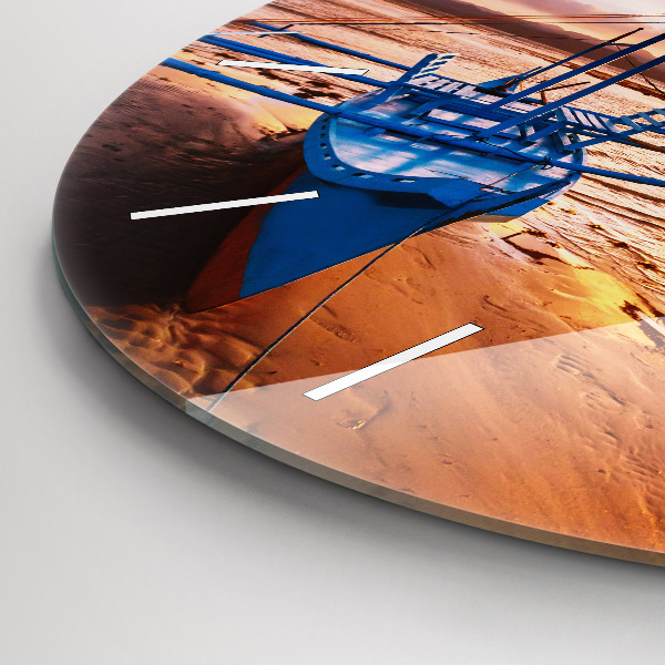 Round glass clock Boat and sunset