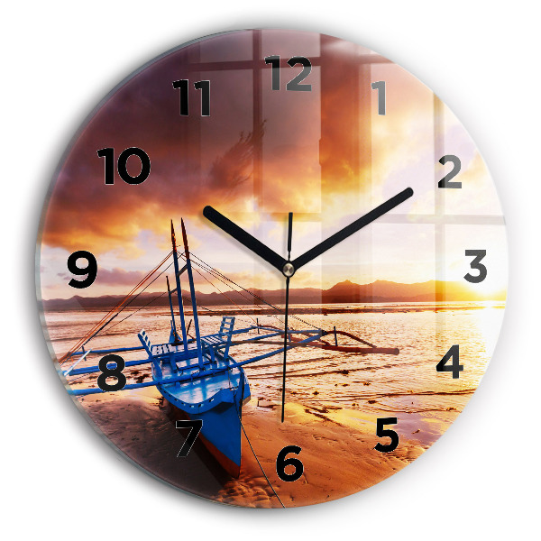 Round glass clock Boat and sunset