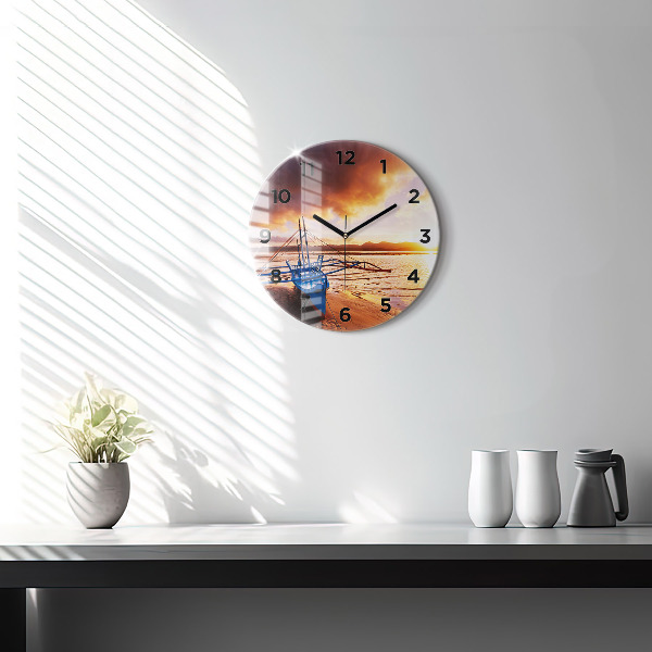 Round glass clock Boat and sunset