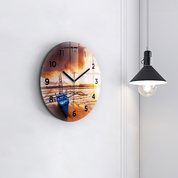Round glass clock Boat and sunset