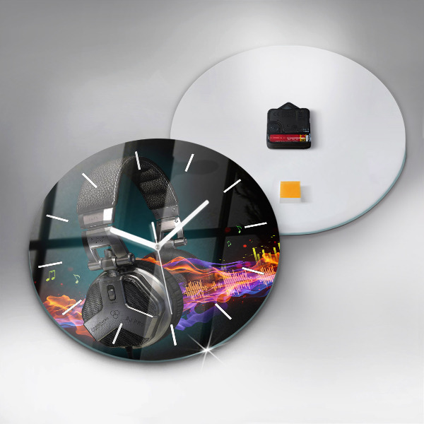 Round glass clock Headphones and sound waves