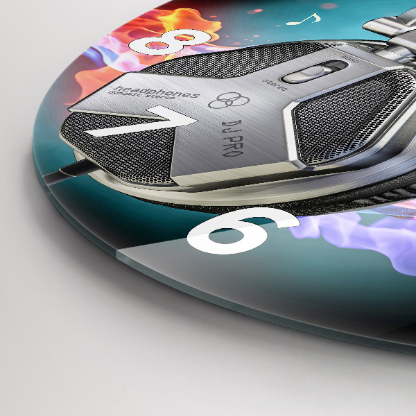 Round glass clock Headphones and sound waves