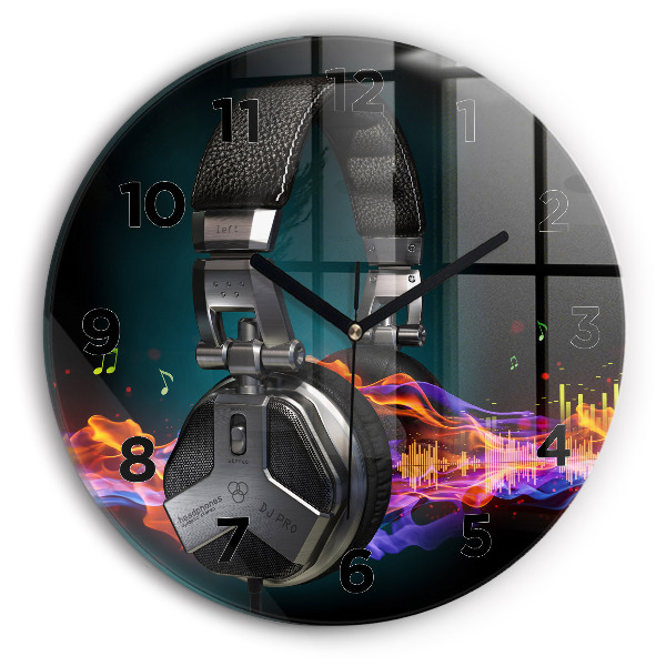 Round glass clock Headphones and sound waves