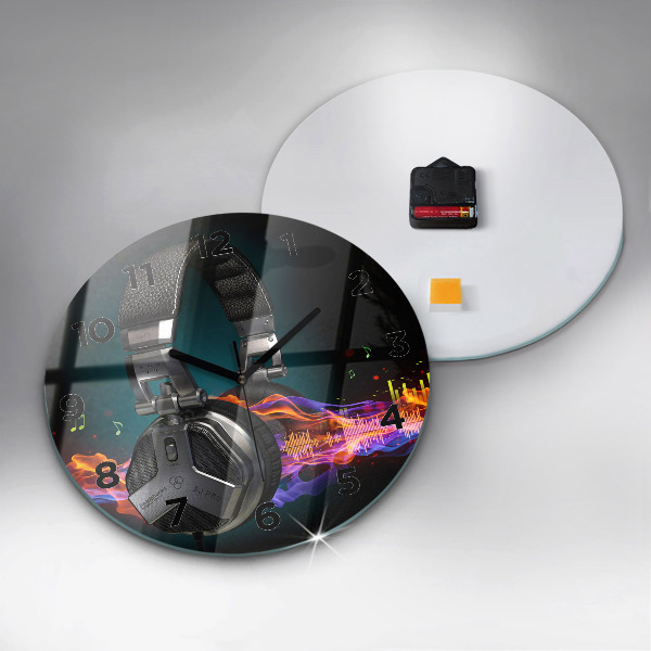 Round glass clock Headphones and sound waves