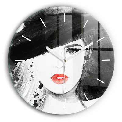 Round glass clock Woman in a hat