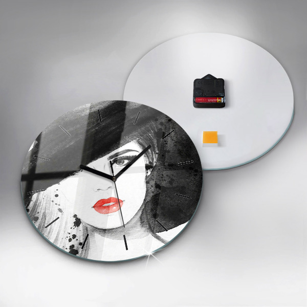 Round glass clock Woman in a hat