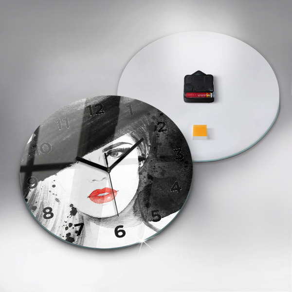 Round glass clock Woman in a hat