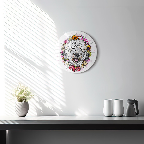 Round glass clock Happy dog in flowers