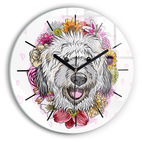 Round glass clock Happy dog in flowers