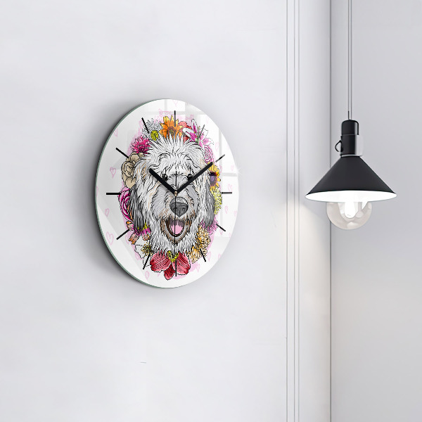 Round glass clock Happy dog in flowers