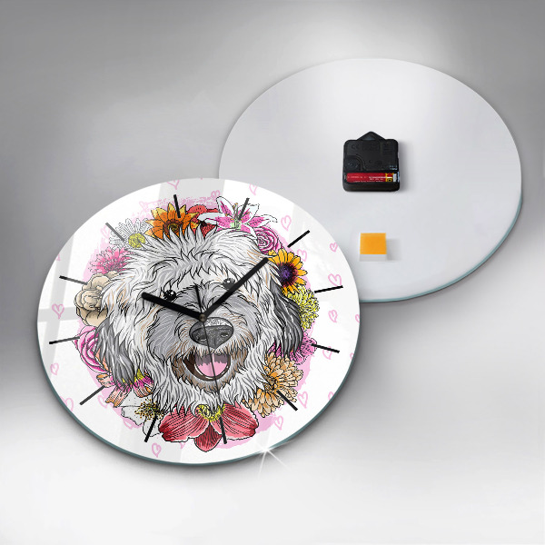 Round glass clock Happy dog in flowers