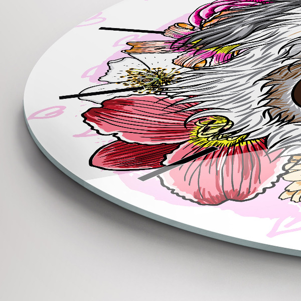 Round glass clock Happy dog in flowers