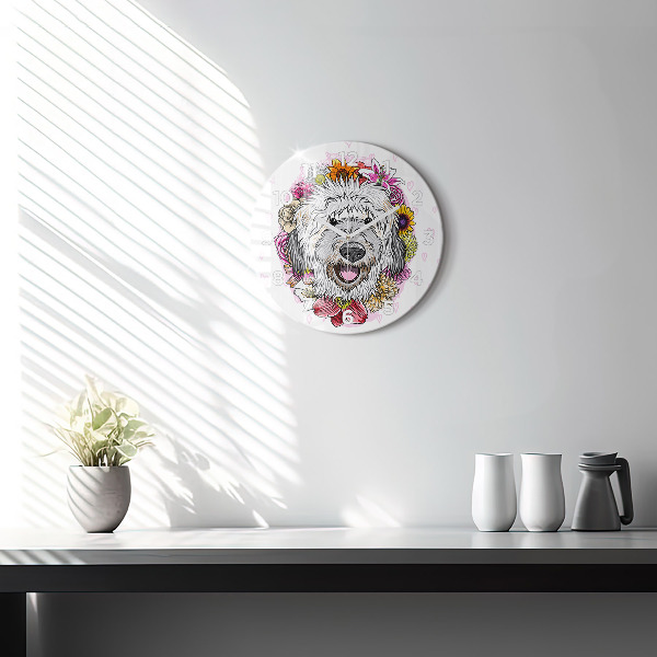 Round glass clock Happy dog in flowers