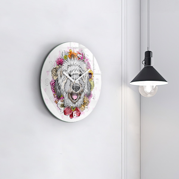 Round glass clock Happy dog in flowers