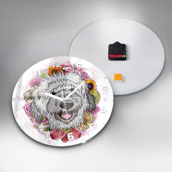 Round glass clock Happy dog in flowers