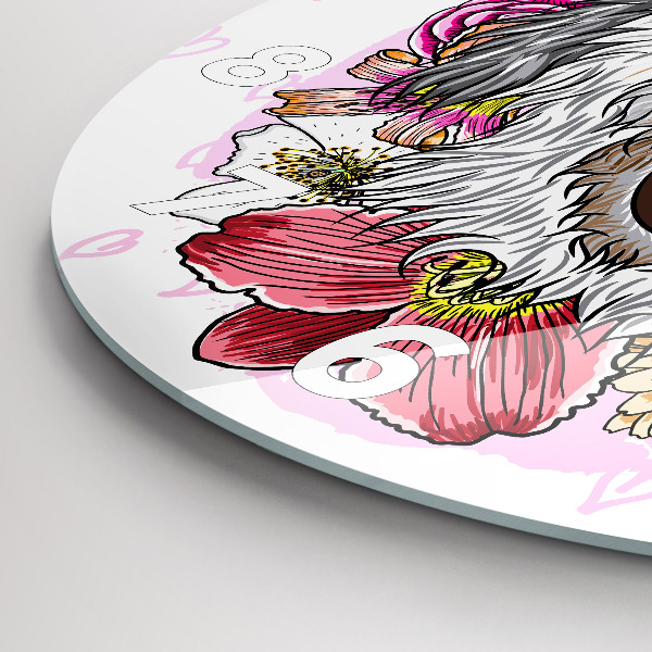 Round glass clock Happy dog in flowers