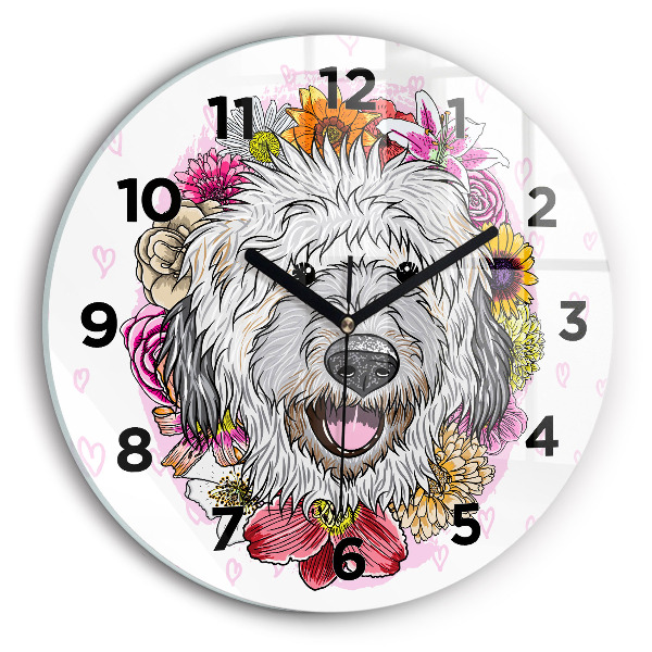 Round glass clock Happy dog in flowers