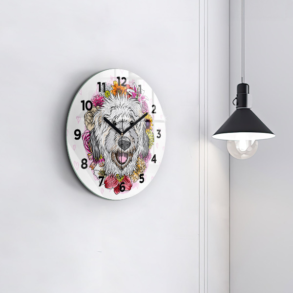 Round glass clock Happy dog in flowers