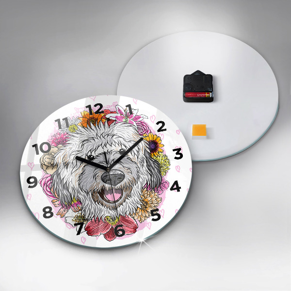 Round glass clock Happy dog in flowers