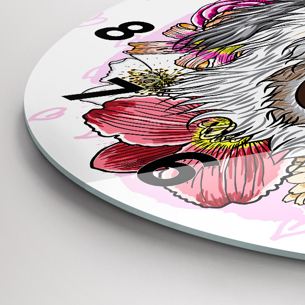 Round glass clock Happy dog in flowers