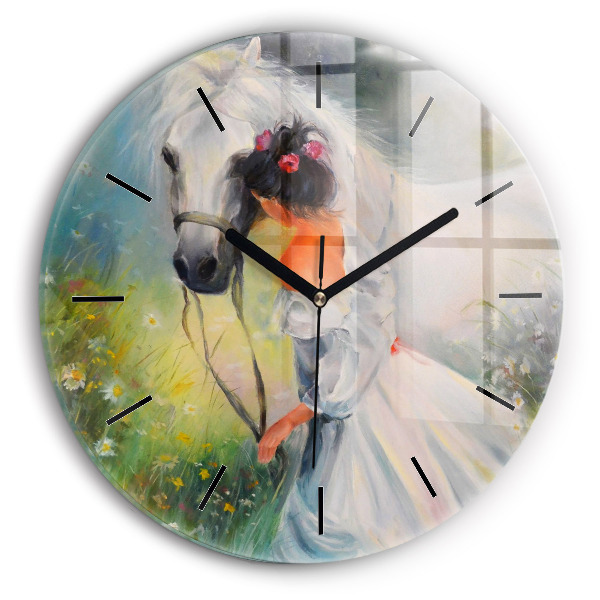 Round glass clock Beautiful woman with a horse