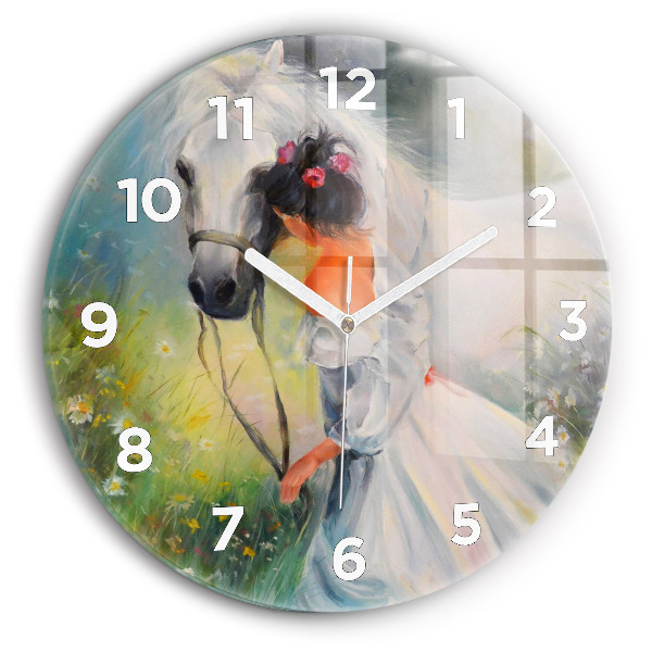 Round glass clock Beautiful woman with a horse